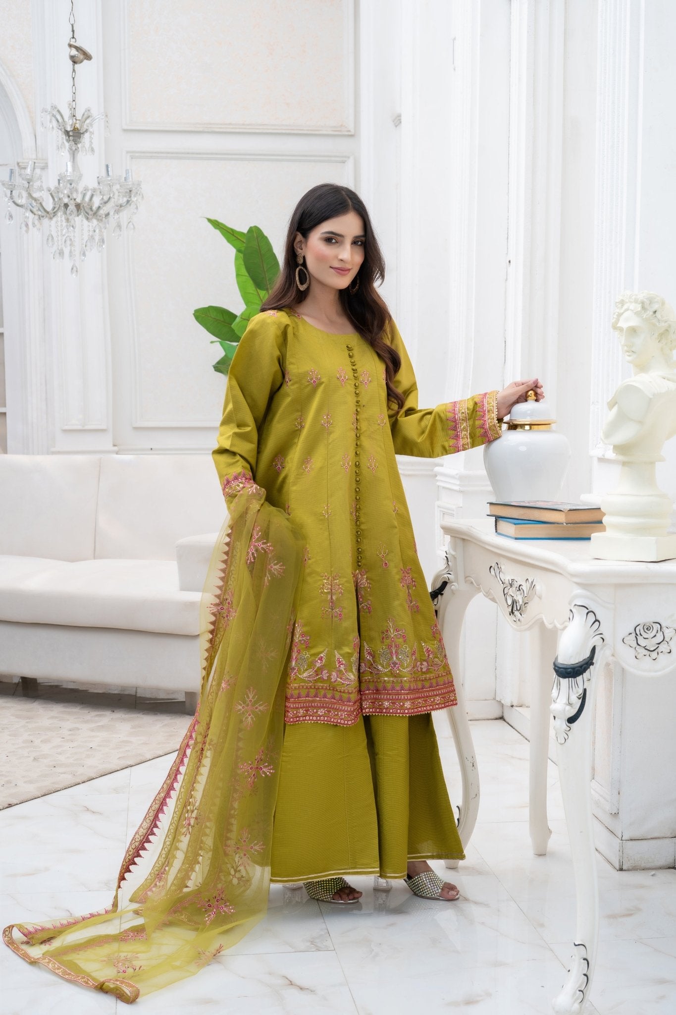 ABROO mustard khadi net ready to wear frock suit for women - HasaanBakhsh