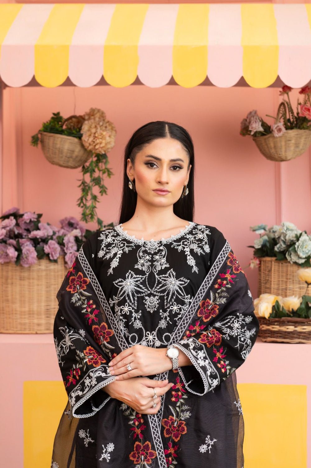 BAANO black embroidered lawn suit with cotton net dupatta - HasaanBakhsh