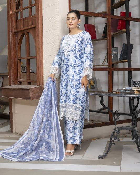 LS - 05 Blue Printed Lawn 3PC - HasaanBakhsh