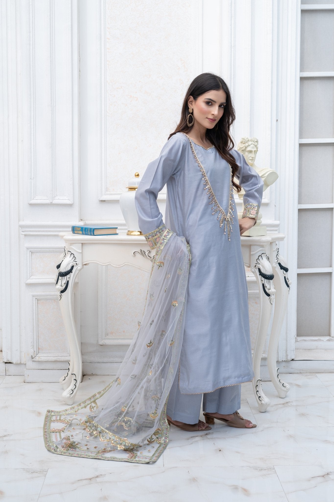 MIRAL aqua ready to wear khadi net suit for women - HasaanBakhsh