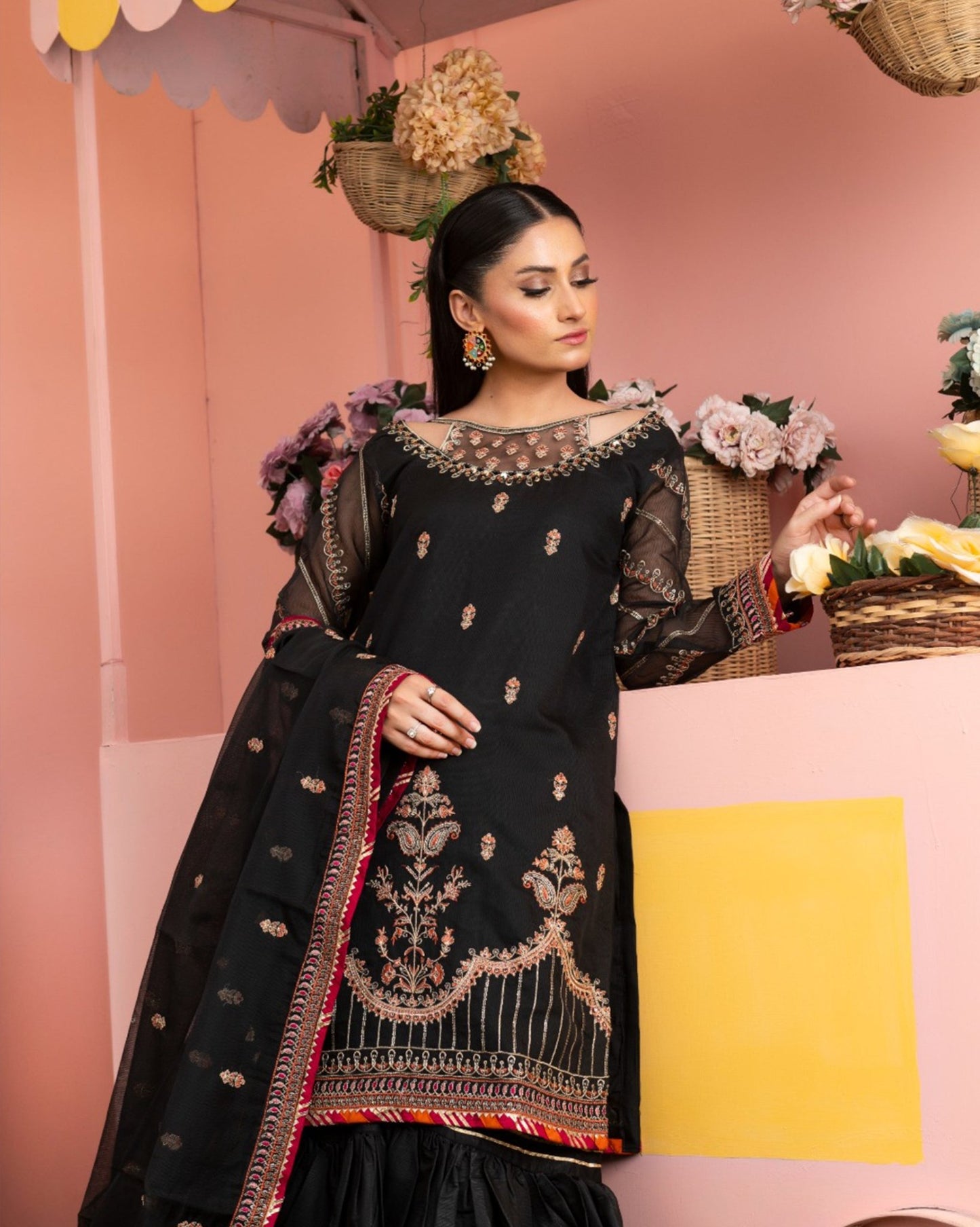 ZAMAR BAANO black festive embroidered suit with gharara - HasaanBakhsh