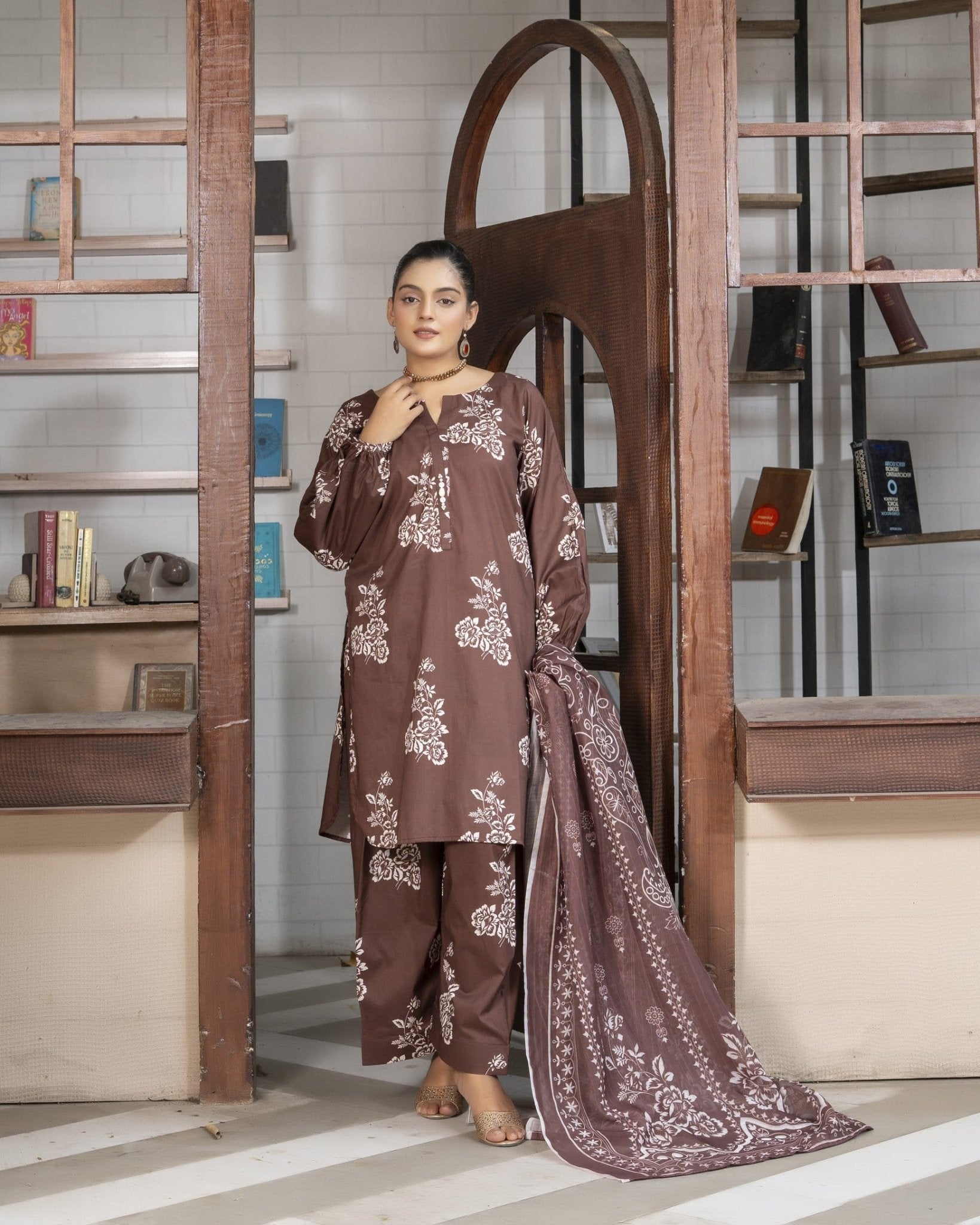 LS - 06 Brown 3PC Lawn Suit - HasaanBakhsh