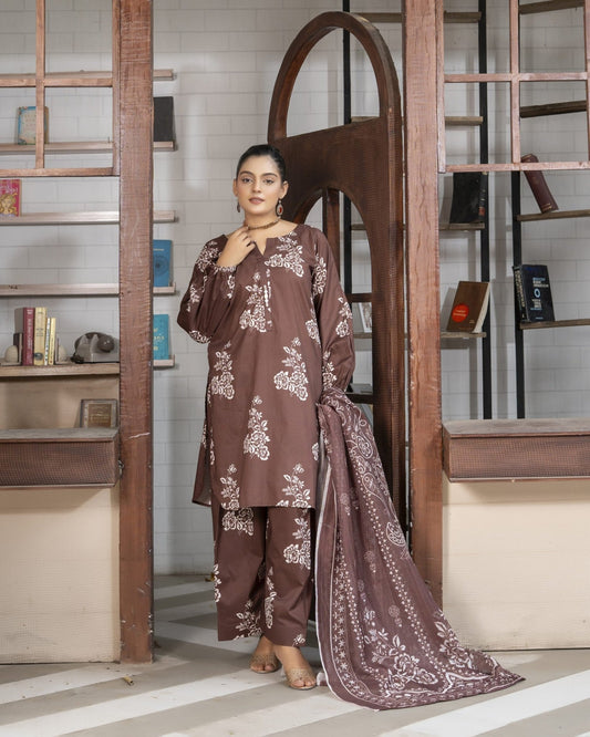 LS - 06 Brown 3PC Lawn Suit - HasaanBakhsh